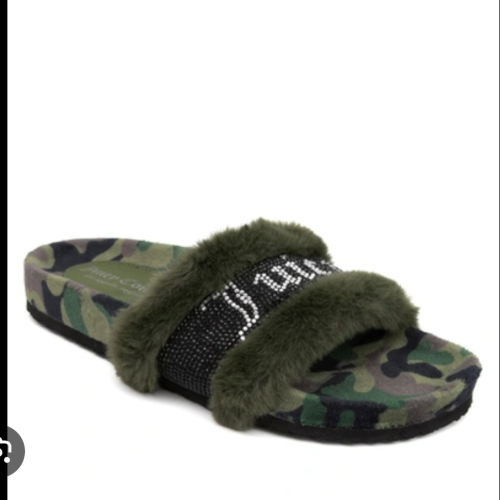 Juicy Couture Fuzzy Logo Slide Sandal In Green Camo NWT